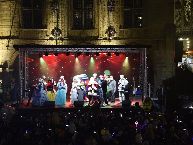 Switching on of the Christmas lights 2023 at Peterborough Cathedral Square.