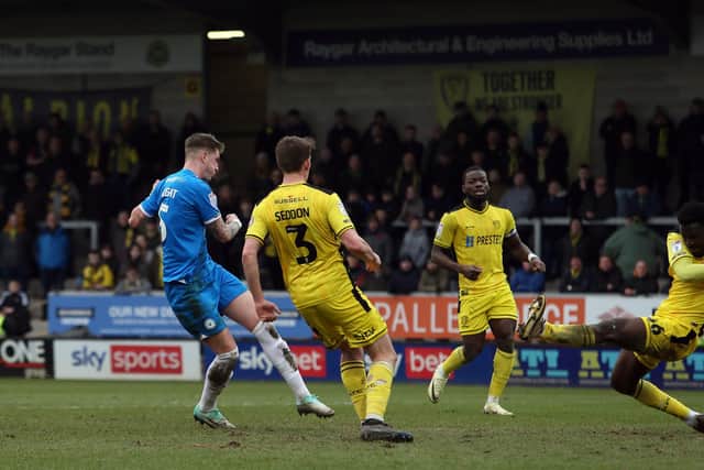 Josh Knight scores for Posh at Burton Albion last season. Photo Joe Dent/theposh.com.