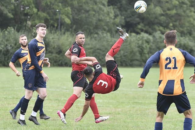 Sunday Morning League action between Glinton & Northborough and Netherton United (red). Glinton & Northborough won 6-0. Photo: David Lowndes.