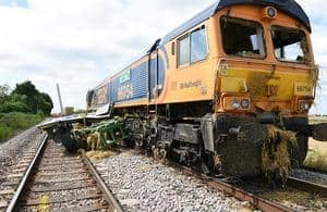 The freight train after the collision with agricultural equipment at Kisby.