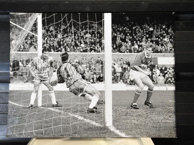 Both teams were in the Division One - the second tier of English football - when they met at the Abbey Stadium in March 1993. Posh didn't win but they fought back from a 2-0 half-time deficit to draw 2-2 with two goals from Adcock, the second in the 88th minute after one of the clearest fouls you will ever see.