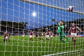 Will Norris concedes a goal playing in in the Premier League for Burnley against Liverpool at Turf  Moor in 2021. Photo by Alex Livesey/Getty Images.