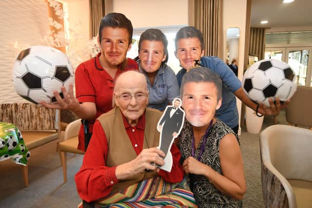 Mona Hurry celebrating turning 102 with a David Beckham party at Castor Lodge Care Home