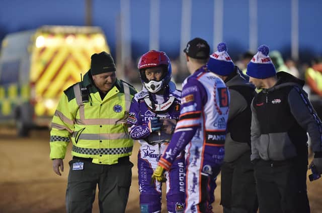 Nicki Pedersen (red helmet) after crashing out on the first lap of his first race for Panthers in 2023. Photo: David Lowndes.