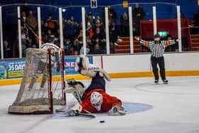 Phantoms netminder Jordan Marr saves a penalty shot in the cup semi-final against MK. Photo: SBD Photography