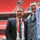 Posh manager Darren Ferguson (left) and chairman Darragh MacAnthony with the EFL Trophy after their club's success in 2014. Photo: David Lowndes.