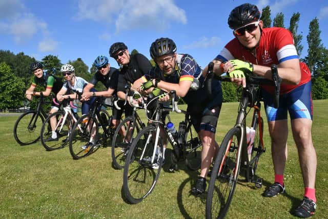 Meridian Trust sponsored cyclists Tim Amos, Michelle Petersen, Phill Sammons, Paul Treliving, Mark Woods and Rob Grover.