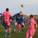 FA Vase action from Whittlesey Athletic (Blue) v Romford. Photo: David Lowndes.