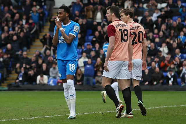 Malik Mothersille of Peterborough United rues a missed chance to score against Portsmouth. Photo Joe Dent/theposh.com