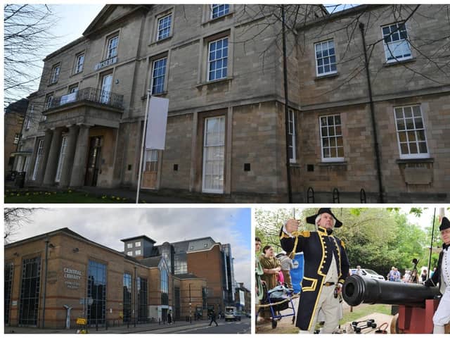 Peterborough Civic Society is urging Peterborough City Council to improve funding for arts, culture and heritage amid concerns about the future of Peterborough Museum, top, and its library services, below left. It says the disappearance of the Peterborough Heritage Festival, picture shows scene from 2017's event, is evidence of fall in spending on culture.