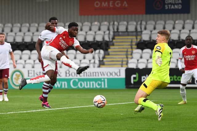 Nathan Butler-Oyedeji in action for Arsenal Under 21s. (Photo by David Price/Arsenal FC via Getty Images).