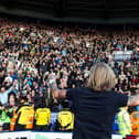 Posh boss Robbie Savage celebrates the win at Leicester in front of the Posh fans. Photo Joe Dent/theposh.com.