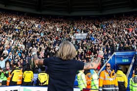 Posh boss Robbie Savage celebrates the win at Leicester in front of the Posh fans. Photo Joe Dent/theposh.com.