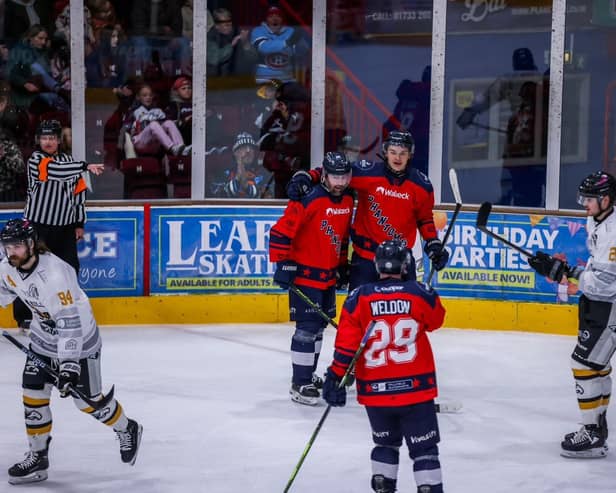 Phantoms celebrate a goal at Planet Ice against Hull Seahawks. Photo SBD Photography