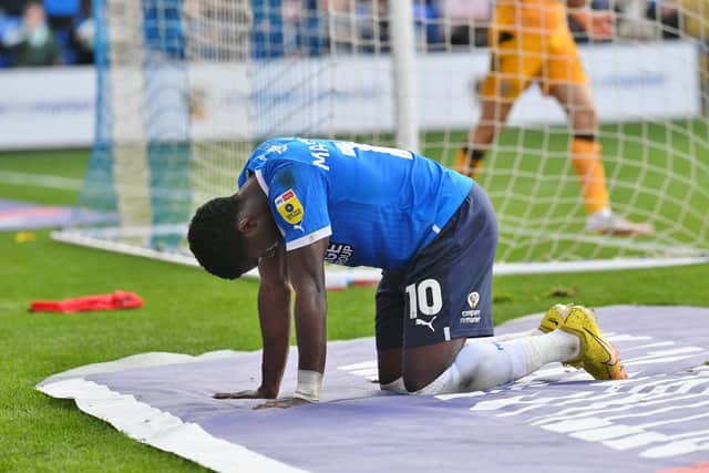 Posh star Ephron Mason-Clark after missing a chance against Cambridge. Photo: David Lowndes.