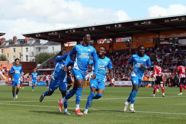 Emmanuel Fernandez celebrates his match-winning goal at Exeter City. Photo Joe Dent/theposh.com