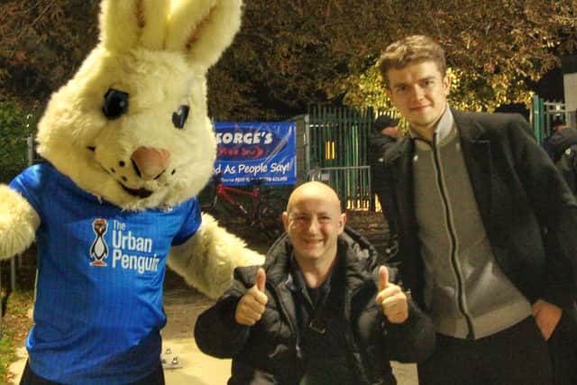 Dave down at Bourne Town with Peterborough United mascot Peter Burrow and Posh Women General Manager Bobby Copping.