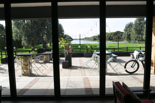 The newly refurbished and rebranded Row 48 bar and restaurant at the Dragonfly Hotel, Thorpe Meadows  - and the view out to the rowing lake