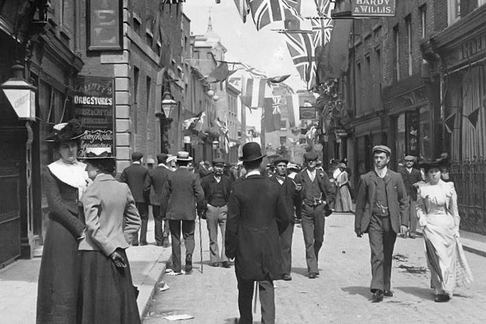 Peterborians taking a leisurely stroll along Narrow Street around 1902. On the left is the Angel Hotel which would be pretty much on the site of TGJones today