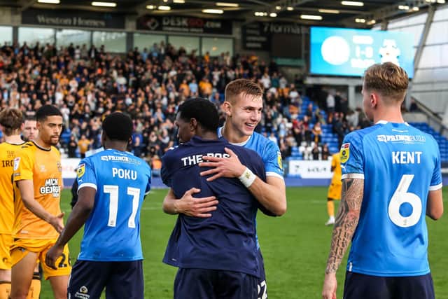 Posh celebrate victory over Cambridge in October. Photo: Joe Dent.