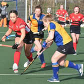 Tierney Augustine (red) in action for City of Peterborough Ladies against Upminster. Photo: David Lowndes.
