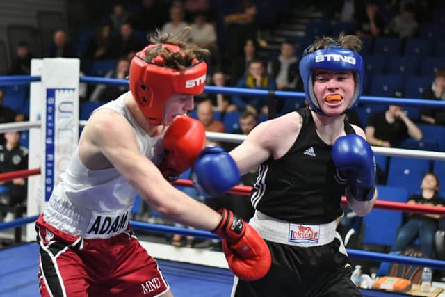 Ashton Brannigan (Whittlesey BC) (blue) v Adam Stuanton (Kirkby). Photo: David Lowndes.