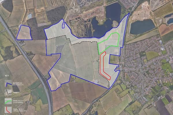 Blue shows the whole Great Haddon area, red the application site for the 178 new homes.