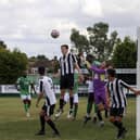 Action from FC Peterborough (green) v Harwich & Parkston. Photo: Tim Symonds