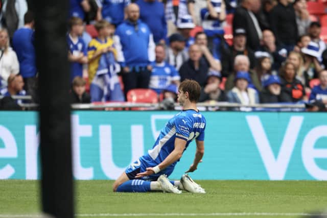 Posh captain Hector Kyprianou celebrates his goal at Wembley against Birmingham City. Photo Darren Wiles.