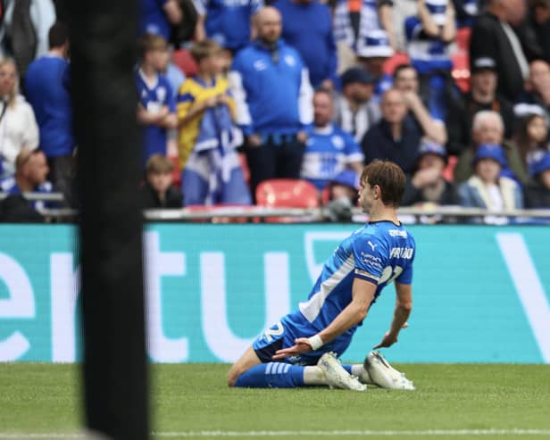 Posh captain Hector Kyprianou celebrates his goal at Wembley against Birmingham City. Photo Darren Wiles.