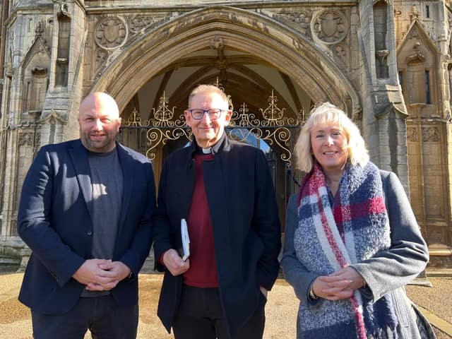 Andrew Palmer, Chief Exec of the CDA, The Very Revd Chris Dalliston, Dean of Peterborough and Su Fletcher, Hearing Help Team Leader.