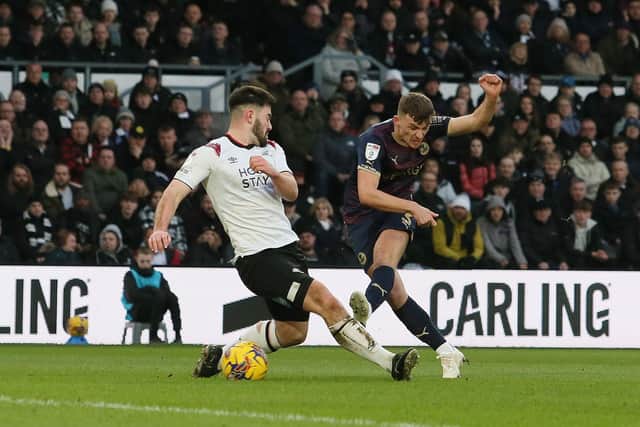 Harrison Burrows scores for Posh at Derby. Photo: Joe Dent/theposh.com.