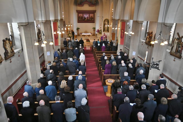 Mourners at the funeral service for Carlo Broccoli at All Soul's Church.