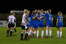 Posh Women celebrate a goal at Notts County. Photo: Ruby Red Photography.