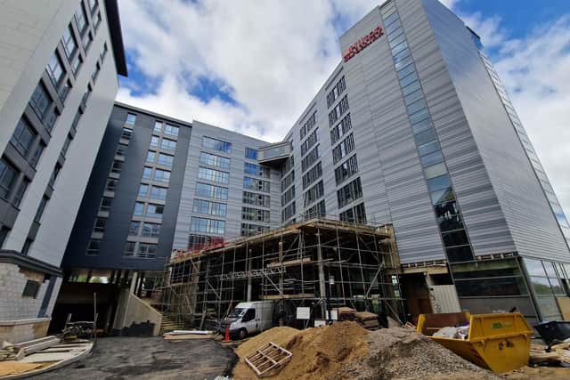 The partly-built Hilton Garden Inn at Fletton Quays, Peterborough