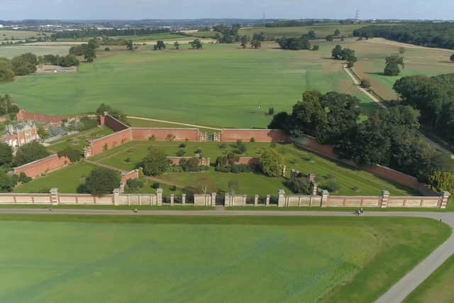 An aerial view of the Walled Gardens at Harlaxton Manor.