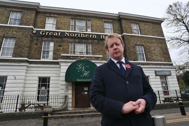 Peterborough MP Paul Bristow outside the Great Northern Hotel in Peterborough shortly after the arrival of asylum seekers in November 2022.
