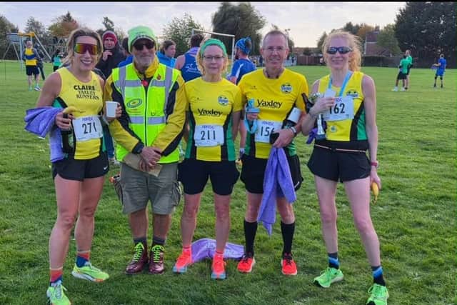 Yaxley Runners at the Fen 10, from the left, Claire Piercy, Gary Thurgood, Zoe Roan, Phil Martin, Ros Loutit.