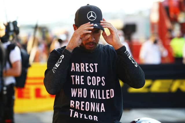 Hamilton pictured in the controversial t-shirt (Photo: Bryn Lennon/Getty Images)