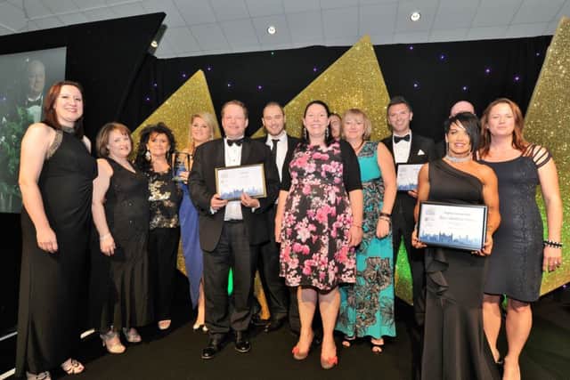 Peterborough Telegraph Business Awards 2017 . Costomer Service Award  winners KFE with finalists Recruitmint and Tara's Health and Fitness EMN-171118-012721009