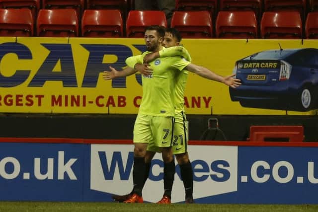 Gwion Edwards celebrates his goal against Charlton last season.