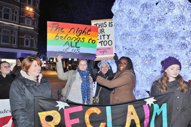 Reclaim the Night protestors walking through the City Centre, organised by Peterborough Rape Crisis. Walking with them was MP for Peterborough Fiona Onasanya EMN-171125-214017009