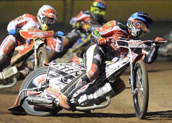 Peterborough Panthers speedway action at the East of England Arena.