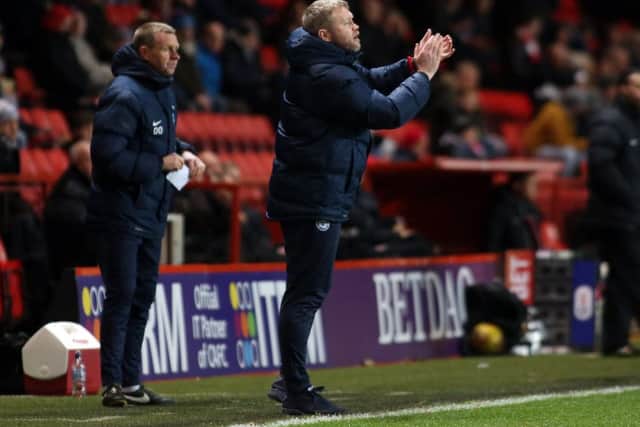 Posh boss Grant McCann encourages his players at Charlton. Photo: Joe Dent/theposh.com.
