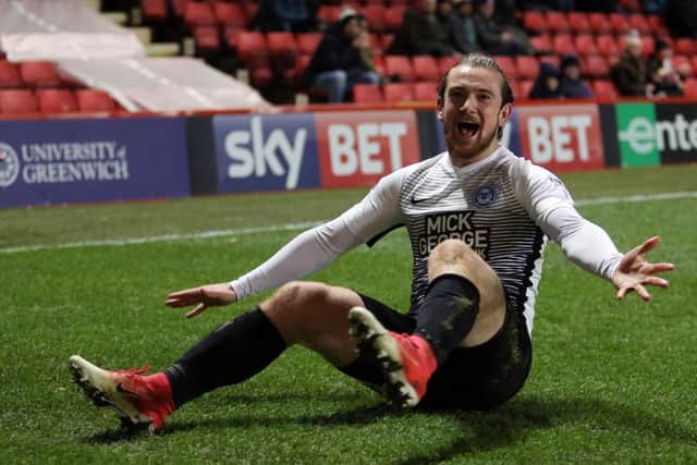 Posh striker Jack Marriott celebrates his 14th goal of the season at Charlton. Photo: Joe Dent/theposh.com.