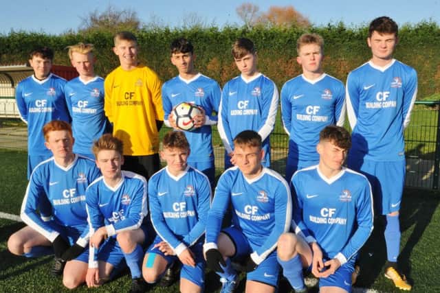 Yaxley Blue Under 18s are pictured before their 5-3 defeat by Thorpe Wood Rangers Under 18s in the Peterborough Youth League. They are from the left, back, Braiden Wilson, Jack Berridge, Jack Veni, Jordan ORourke, Robbie Handley, Jack Cooper, Cadeyrn Watts, front, Jamie Neil, Max Buchanan, John Fulcher, Alex Dean and Billy Giddings.