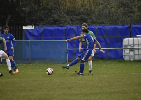 Peterborough Sports' Josh McCammon shoots at goal against Leek Town. Photo: James Richardson.