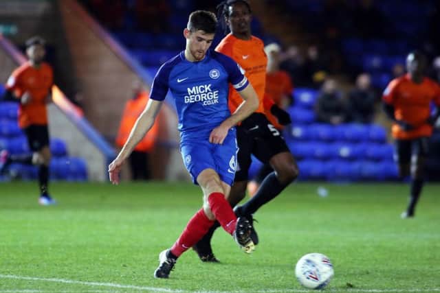 Posh skipper Jack Baldwin plays the ball out of defence against Southend.  Photo: Joe Dent/theposh.com.