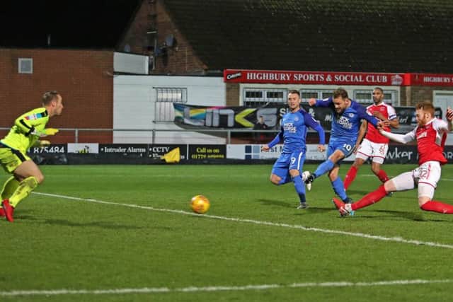 Posh substitute Danny Lloyd scores the winning goal at Fleetwood. Photo: Joe Dent/theposh.com.