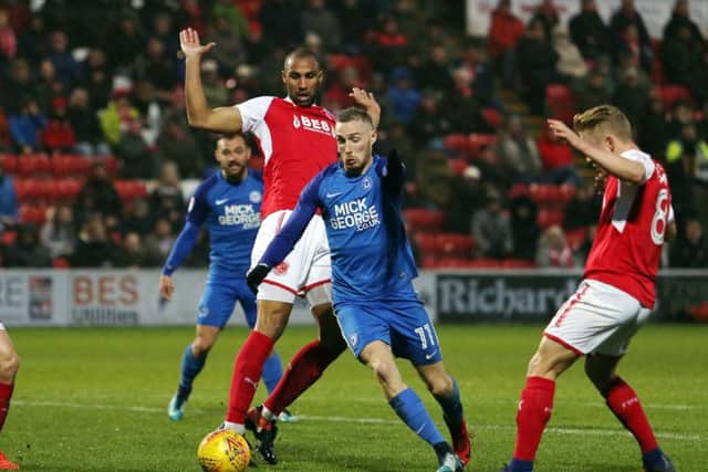 Marcus Maddison in action for Posh at Fleetwood.